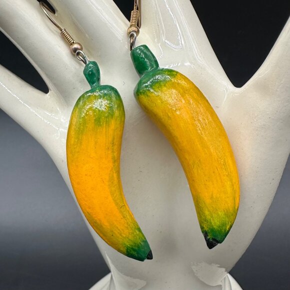 Jewelry - Banana Earrings Wooden Tropical Fruit Dangle Drop Yellow Kitschy Funky Beach